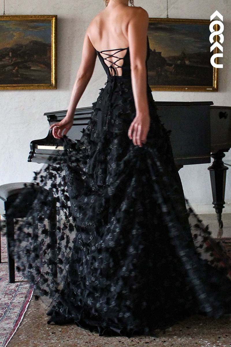 L1737 - Strapless Lace-Up Appliqued Tulle A-Line Long Prom Gown With Slit