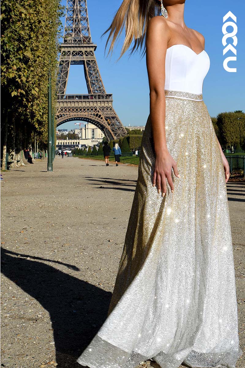 L1738 - Sweetheart Strapless Sequined A-Line Long Prom Evening Gown
