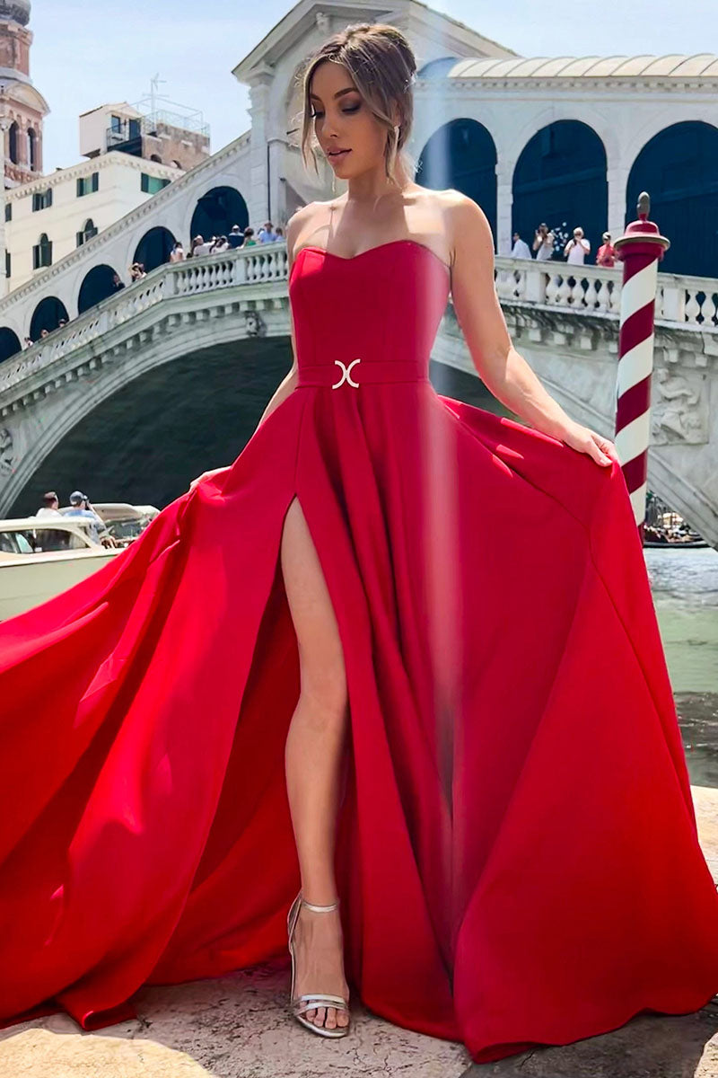 L1739 - Sweetheart Strapless Thigh Slit A-Line Long Prom Evening Gown