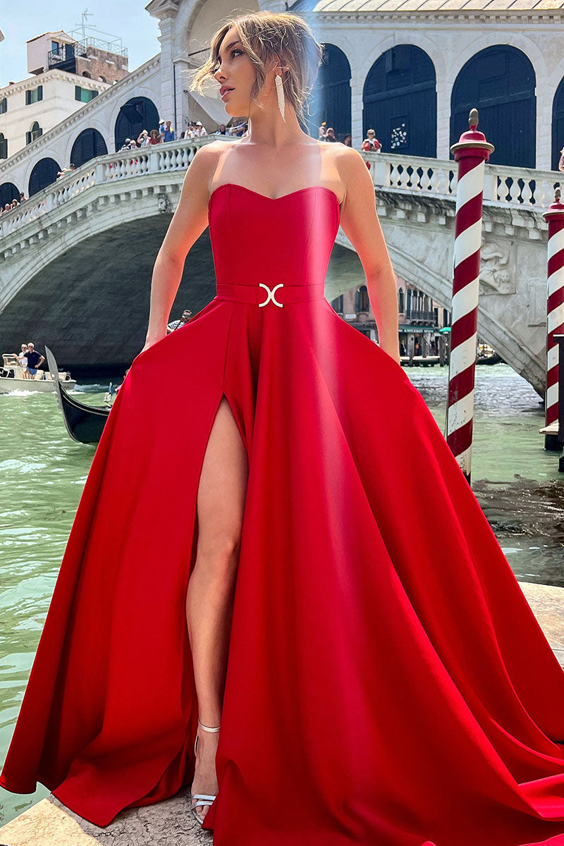 L1739 - Sweetheart Strapless Thigh Slit A-Line Long Prom Evening Gown