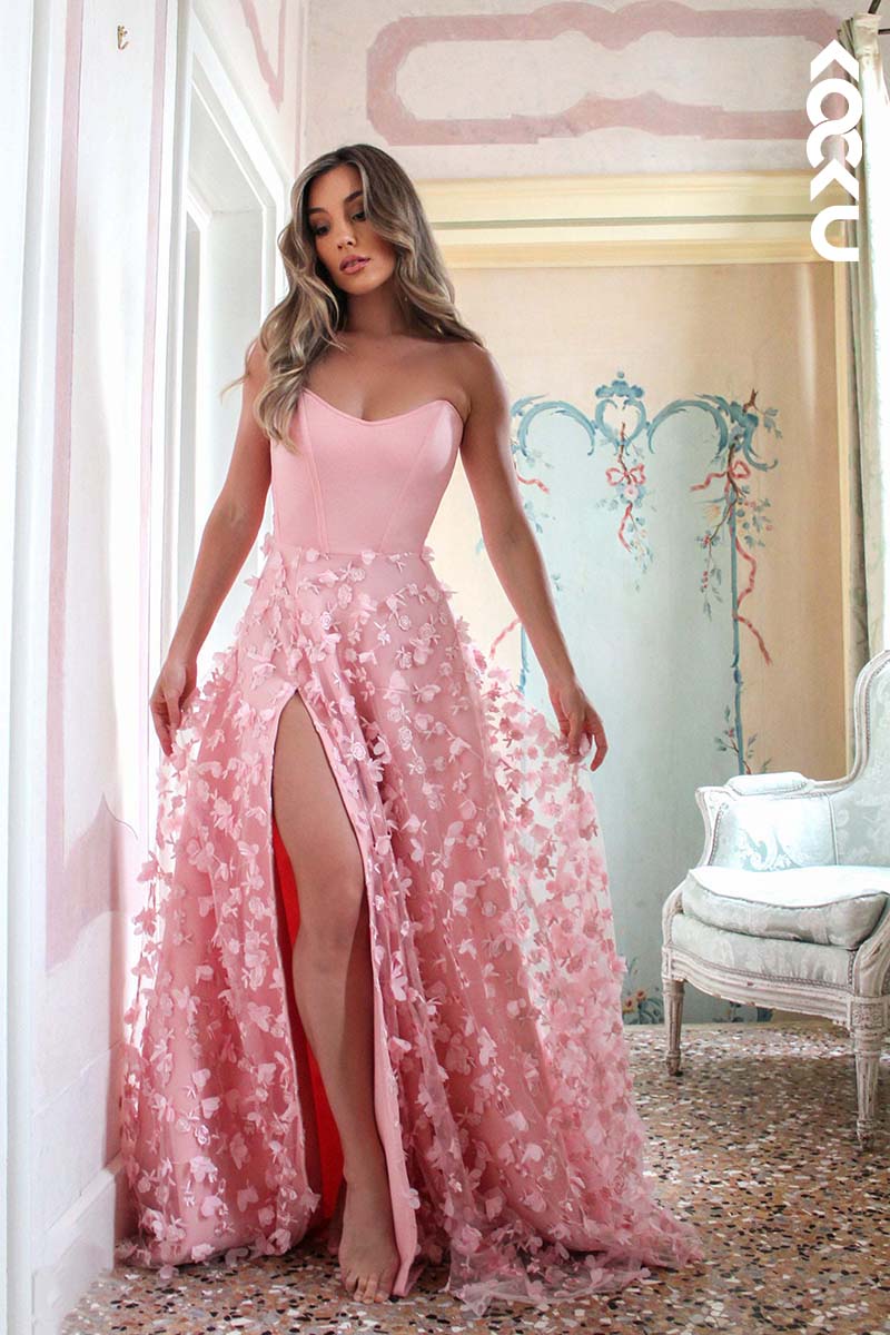 L1740 - Strapless Lace-Up Appliqued Tulle A-Line Long Prom Gown With Slit