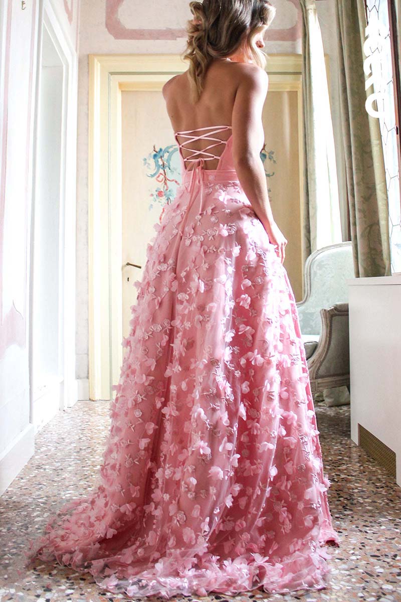 L1740 - Strapless Lace-Up Appliqued Tulle A-Line Long Prom Gown With Slit