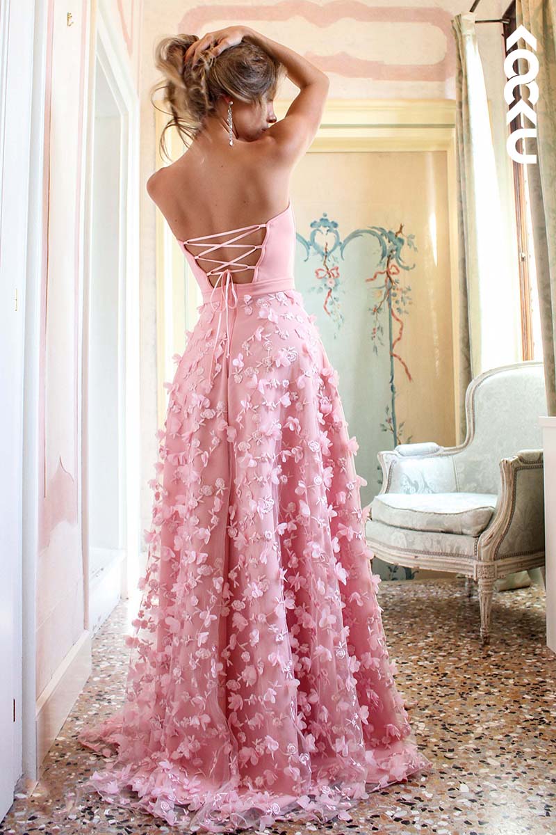 L1740 - Strapless Lace-Up Appliqued Tulle A-Line Long Prom Gown With Slit