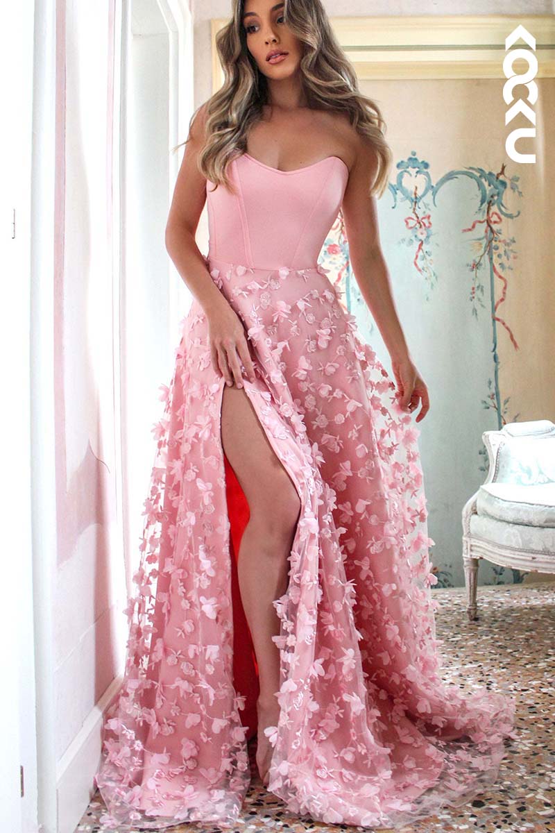 L1740 - Strapless Lace-Up Appliqued Tulle A-Line Long Prom Gown With Slit