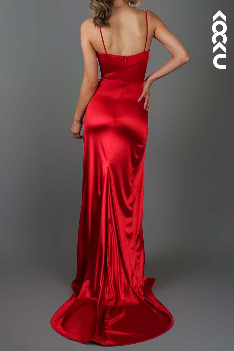 L1743 - Sweetheart Spaghetti Straps Satin Sheath Long Prom Gown With Slit