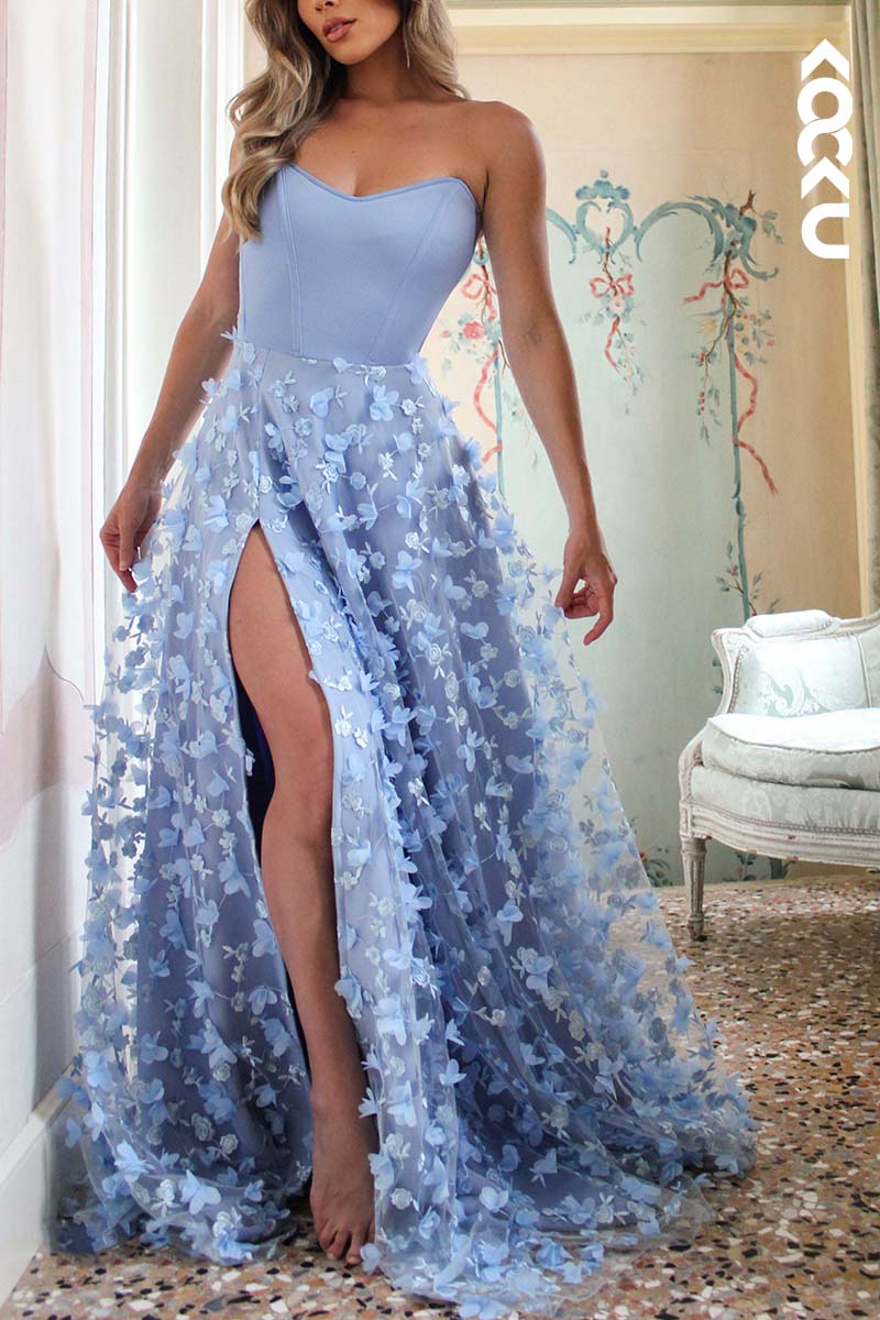 L1745 - Strapless Lace-Up Appliqued Tulle A-Line Long Prom Gown With Slit