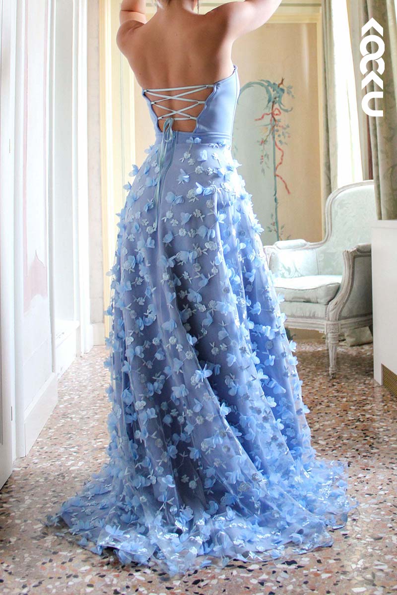 L1745 - Strapless Lace-Up Appliqued Tulle A-Line Long Prom Gown With Slit