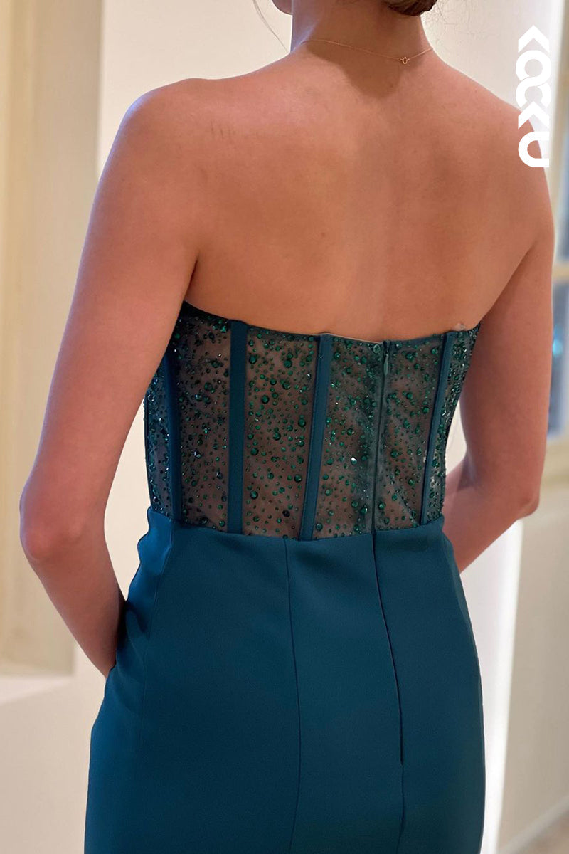 L1746 - V-Neck Strapless Ruched Beaded Sheer Sheath Long Prom Evening Gown