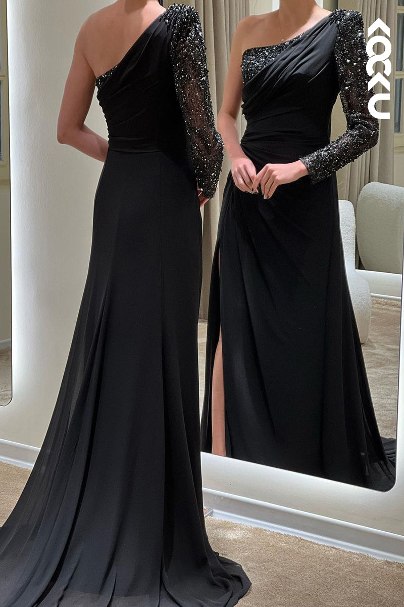 L1747 - One Shoulder Long Sleeves Beaded Satin A-Line Prom Evening Gown