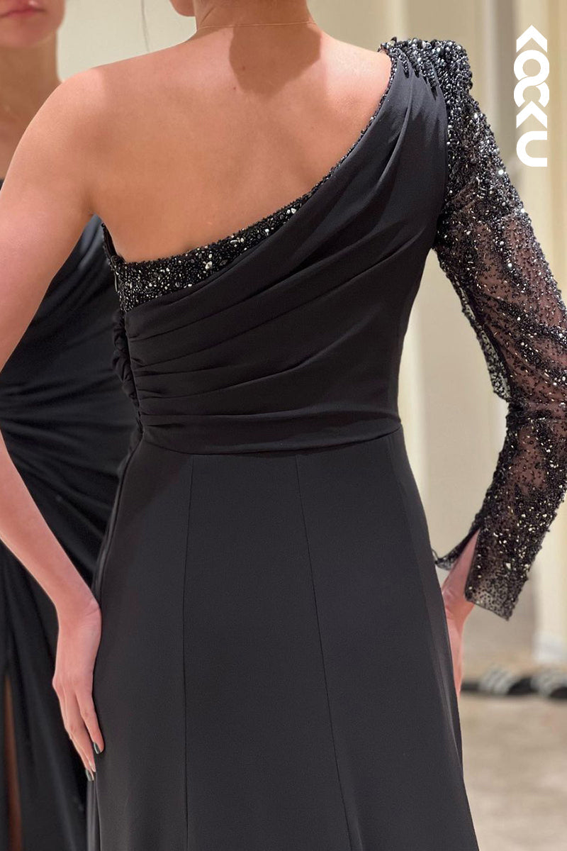 L1747 - One Shoulder Long Sleeves Beaded Satin A-Line Prom Evening Gown