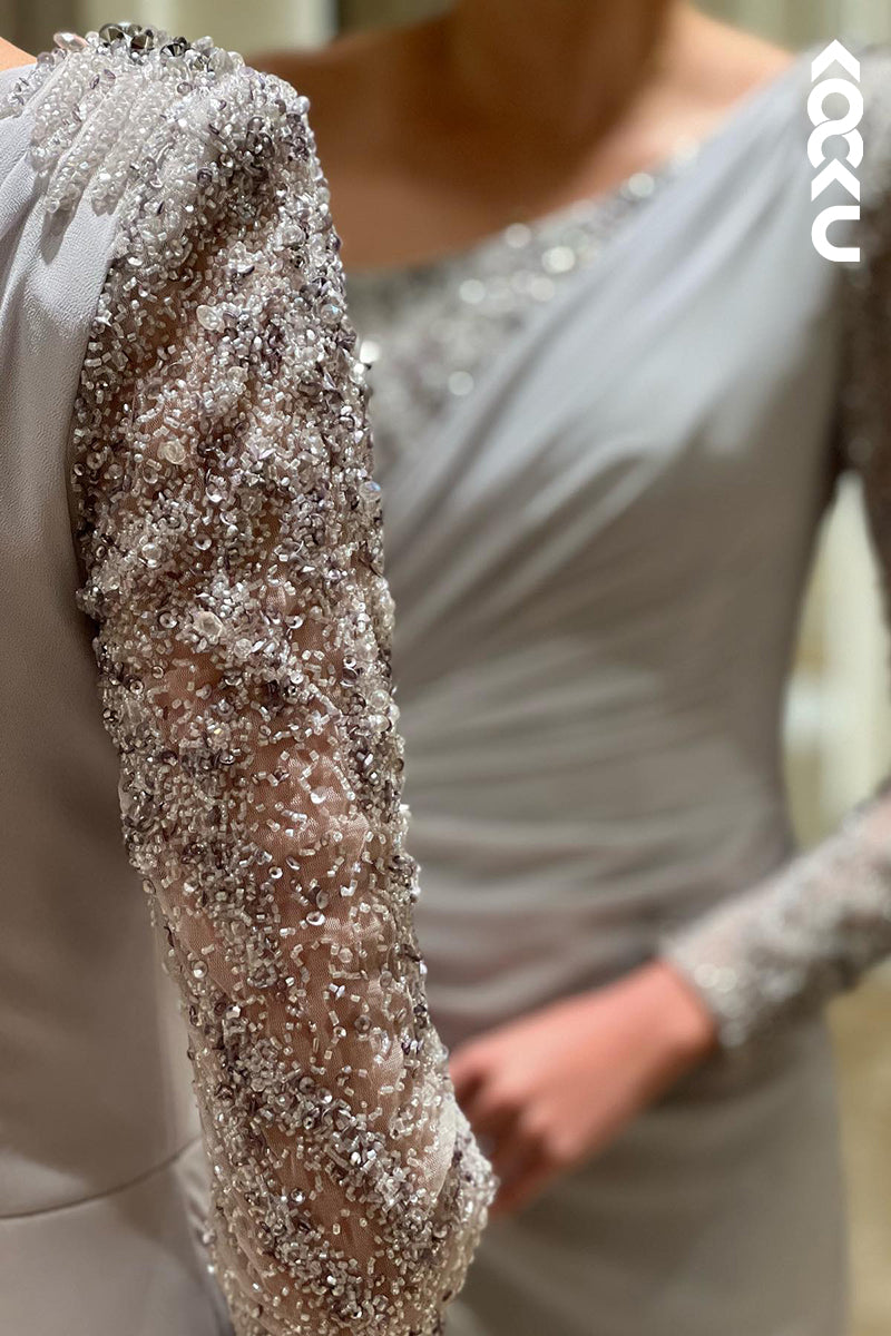 L1748 - One Shoulder Long Sleeves Beaded Satin A-Line Long Prom Evening Gown