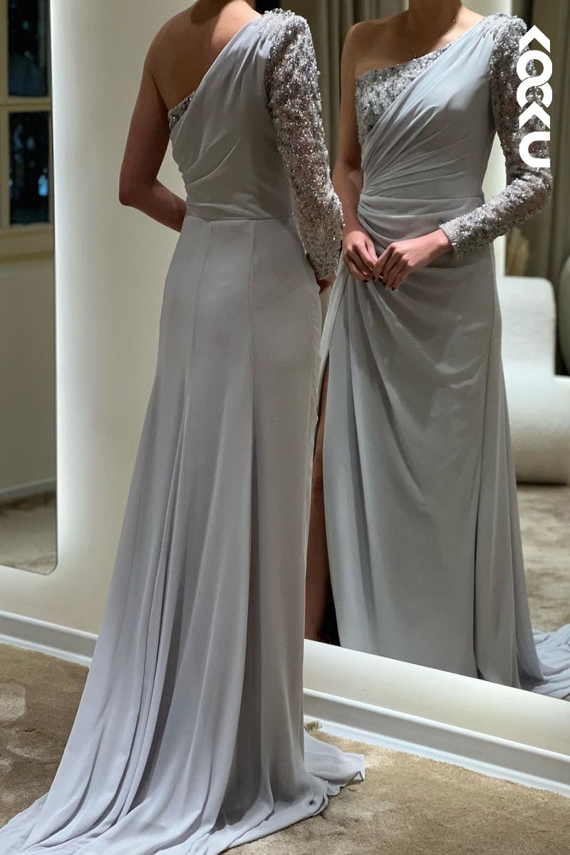 L1748 - One Shoulder Long Sleeves Beaded Satin A-Line Long Prom Evening Gown