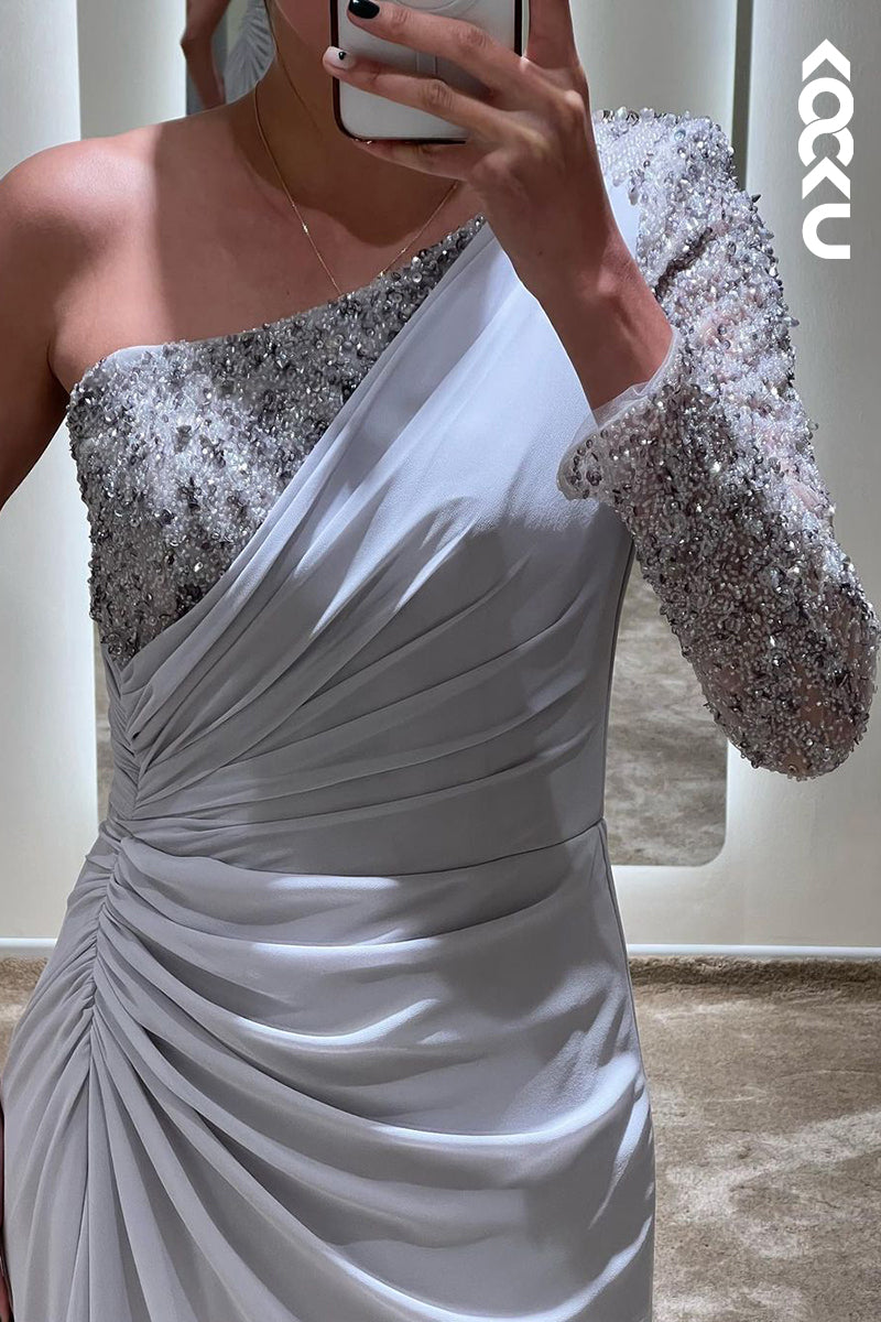 L1748 - One Shoulder Long Sleeves Beaded Satin A-Line Long Prom Evening Gown