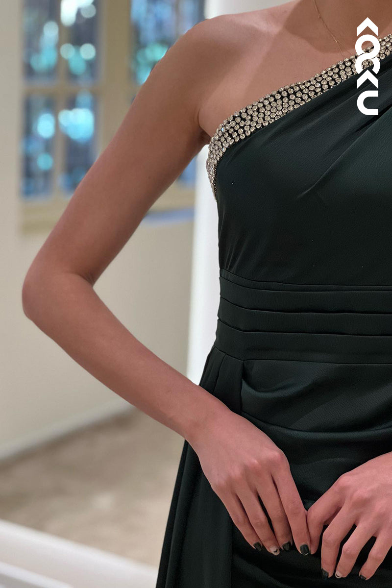 L1749 - One Shoulder Long Sleeves Ruched Satin Sheath Long Prom Evening Dress