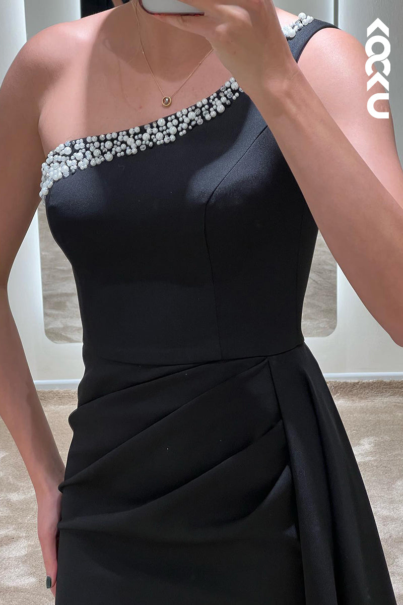 L1750 - One Shoulder Long Sleeves Beaded Satin Beaded Long Prom Evening Gown