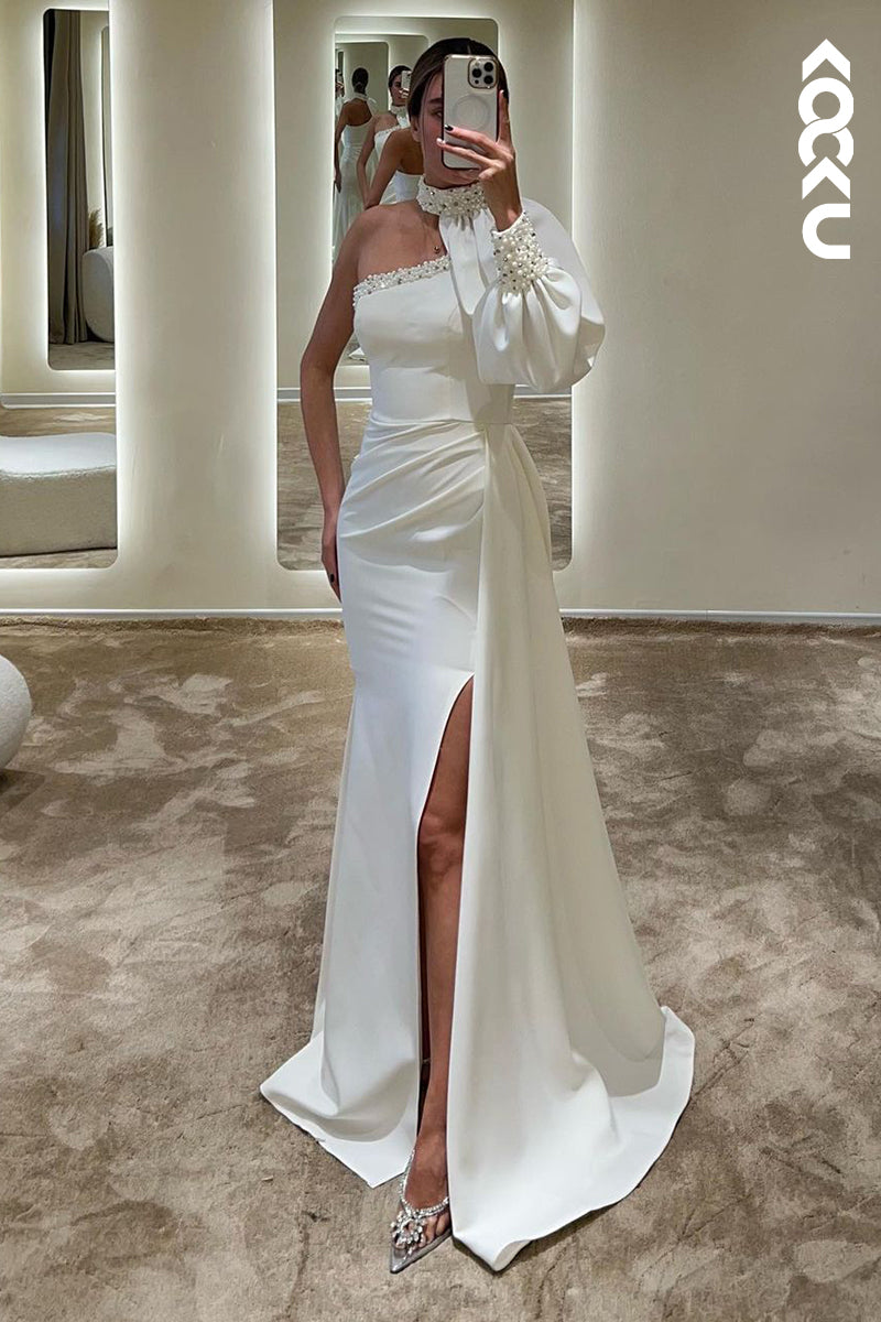 L1750 - One Shoulder Long Sleeves Beaded Satin Beaded Long Prom Evening Gown