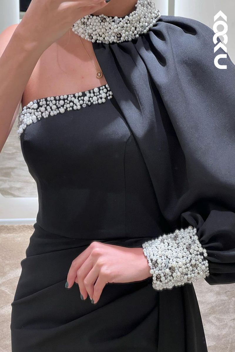 L1750 - One Shoulder Long Sleeves Beaded Satin Beaded Long Prom Evening Gown