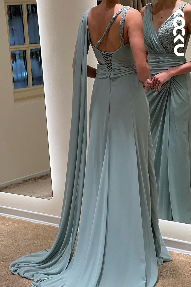 L1751 - V-Neck Beaded Ruched Satin Sheath Long Prom Evening Gown With Slit