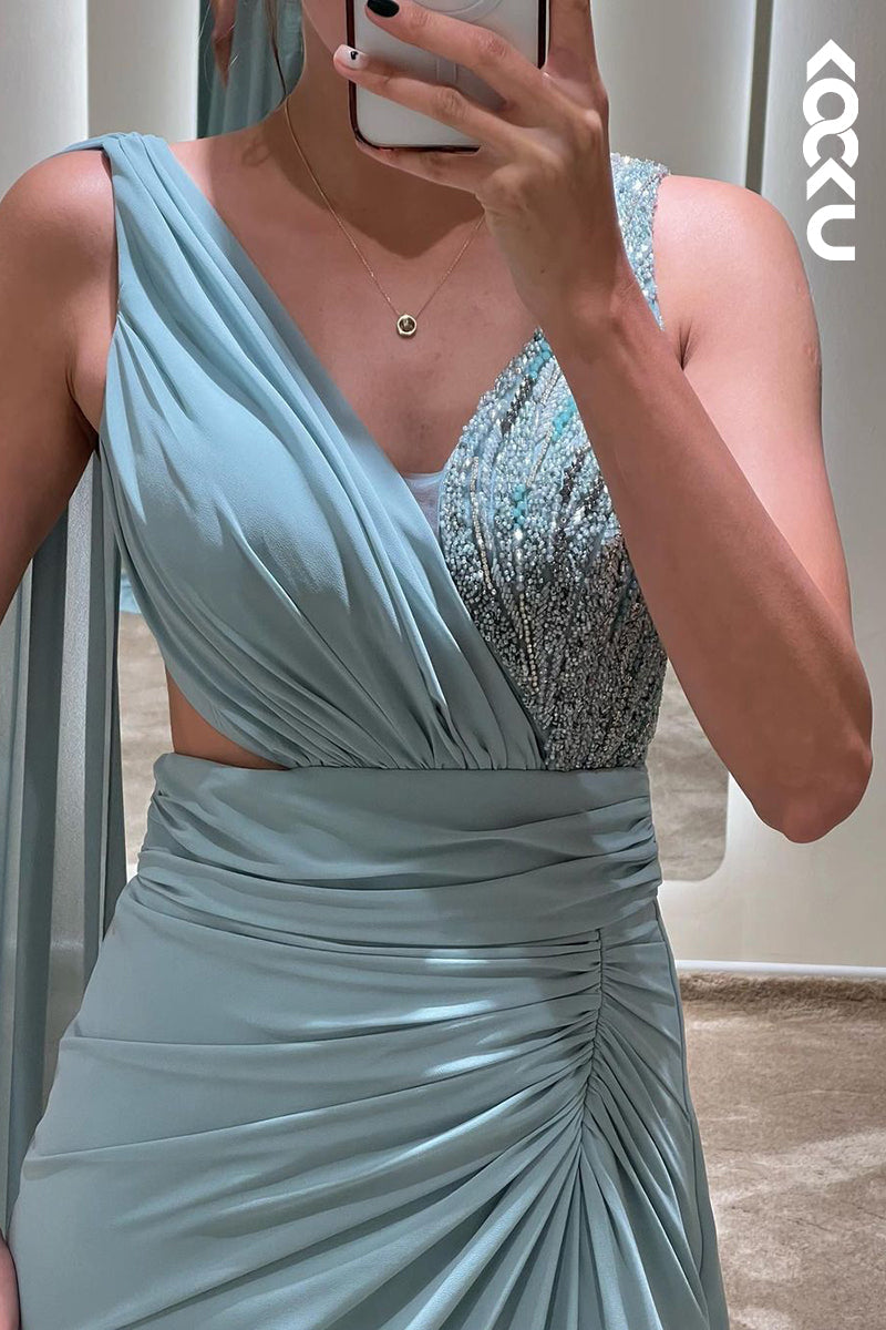 L1751 - V-Neck Beaded Ruched Satin Sheath Long Prom Evening Gown With Slit