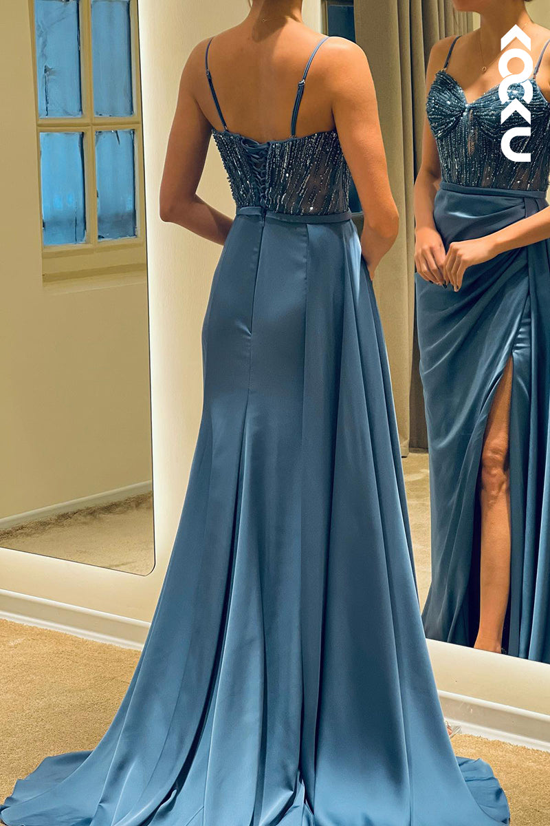 L1752 - V-Neck Spaghetti Straps Beaded Ruched Sheath Long Prom Evening Gown