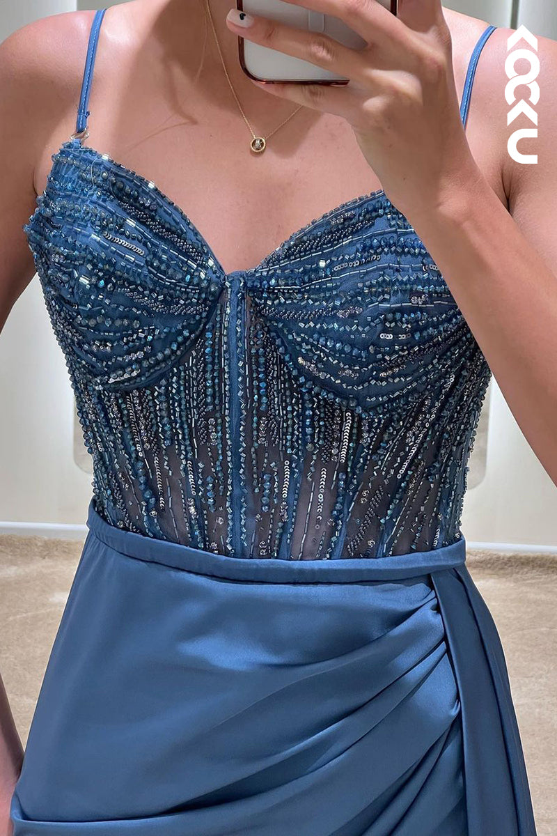 L1752 - V-Neck Spaghetti Straps Beaded Ruched Sheath Long Prom Evening Gown
