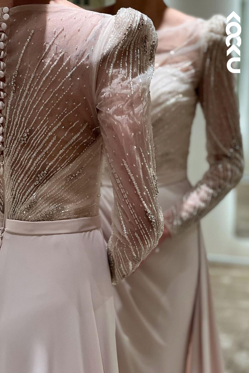 L1753 - Round Neck Long Sleeves Beaded A-Line Long Prom Evening Gown