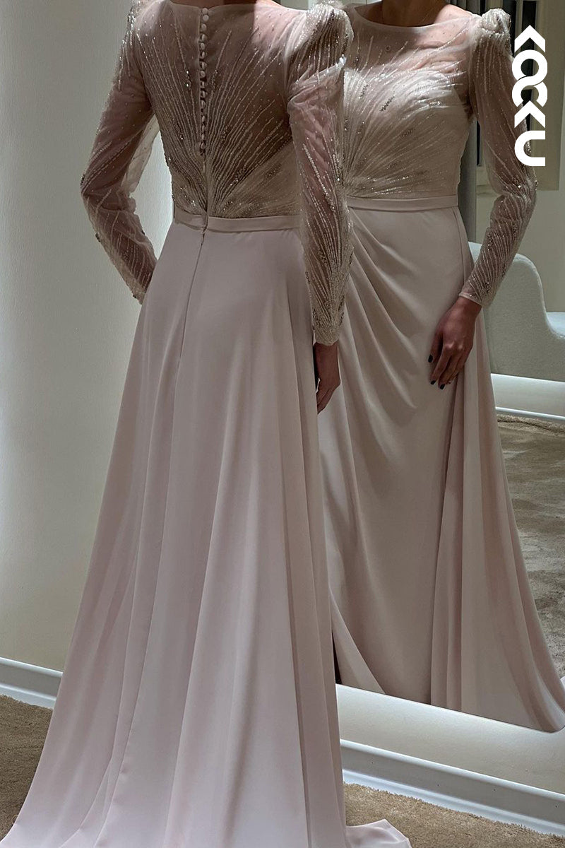 L1753 - Round Neck Long Sleeves Beaded A-Line Long Prom Evening Gown