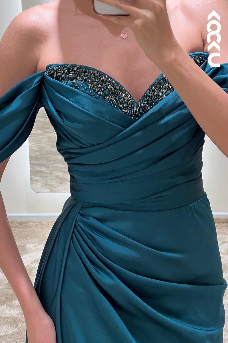 L1754 - Bateau Off-Shoulder Beaded Ruched Satin Sheath Long Prom Evening Gown