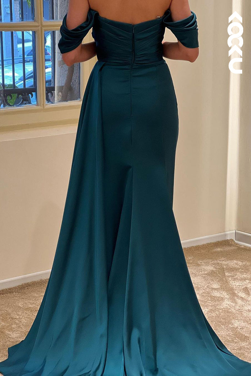 L1754 - Bateau Off-Shoulder Beaded Ruched Satin Sheath Long Prom Evening Gown