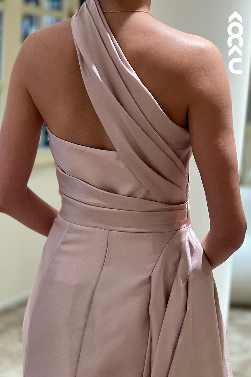 L1756 - One Shoulder Asymmetrical Ruched Satin Sheath Long Prom Evening Gown