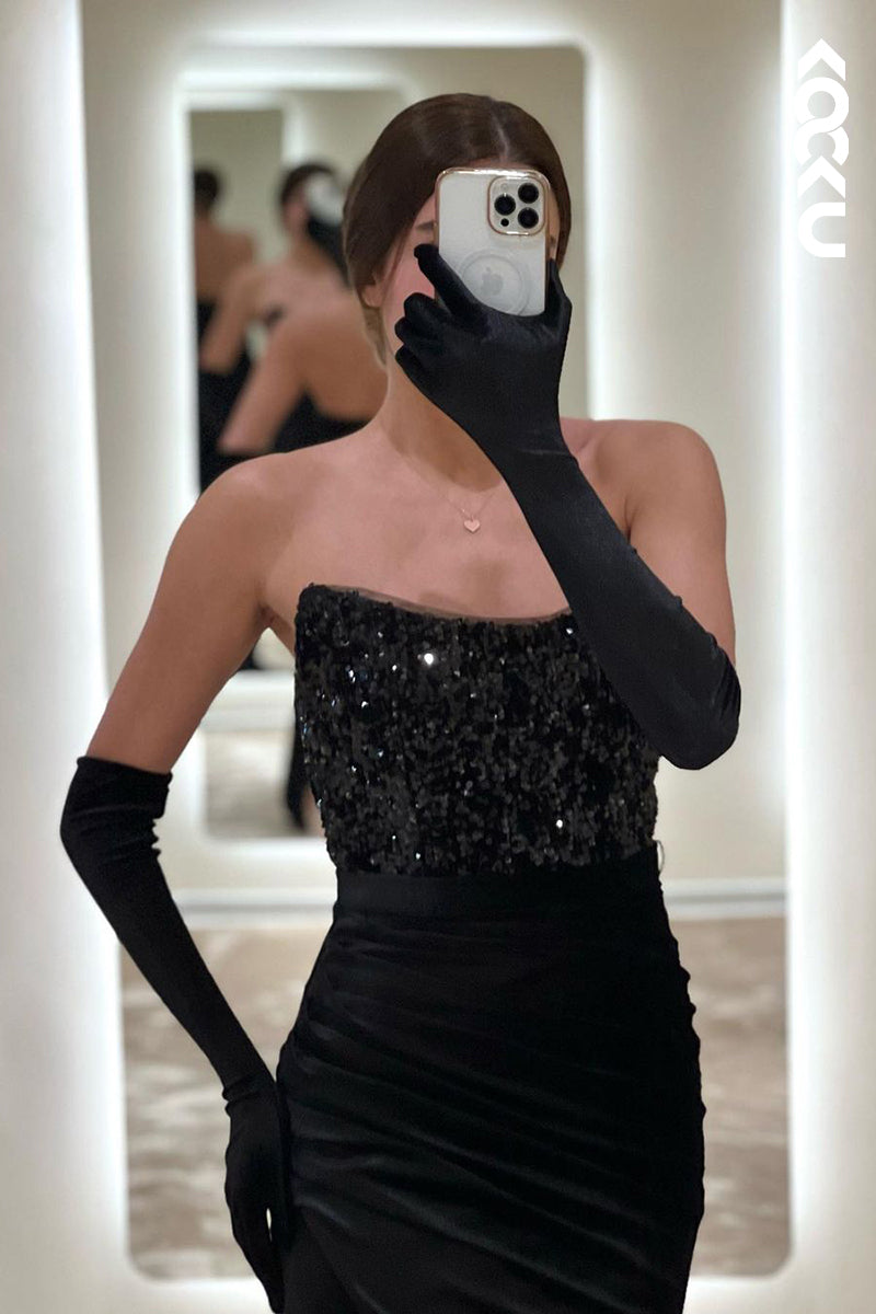 L1760 - Strapless Sequined Satin Sheath Long Prom Evening Gown With Slit