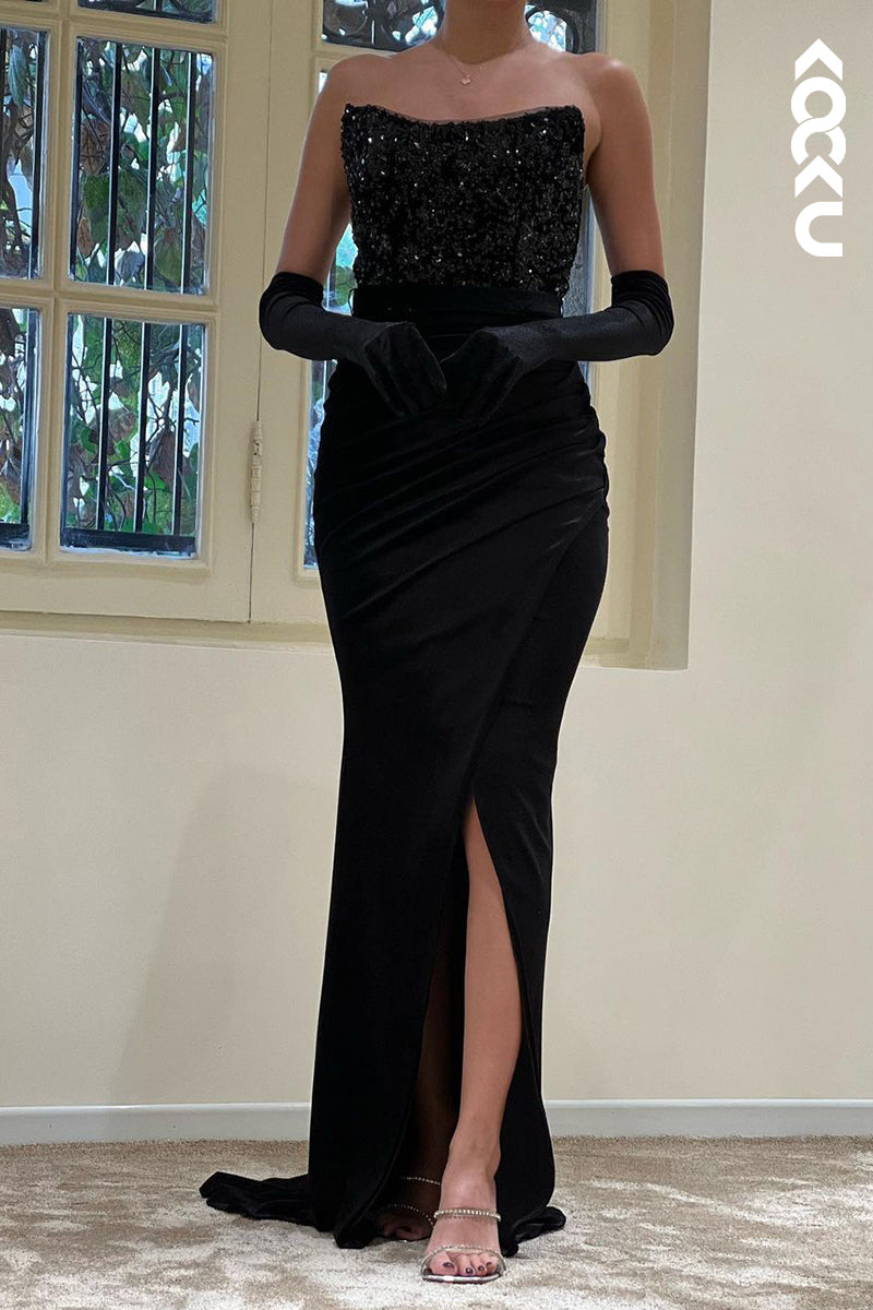 L1760 - Strapless Sequined Satin Sheath Long Prom Evening Gown With Slit