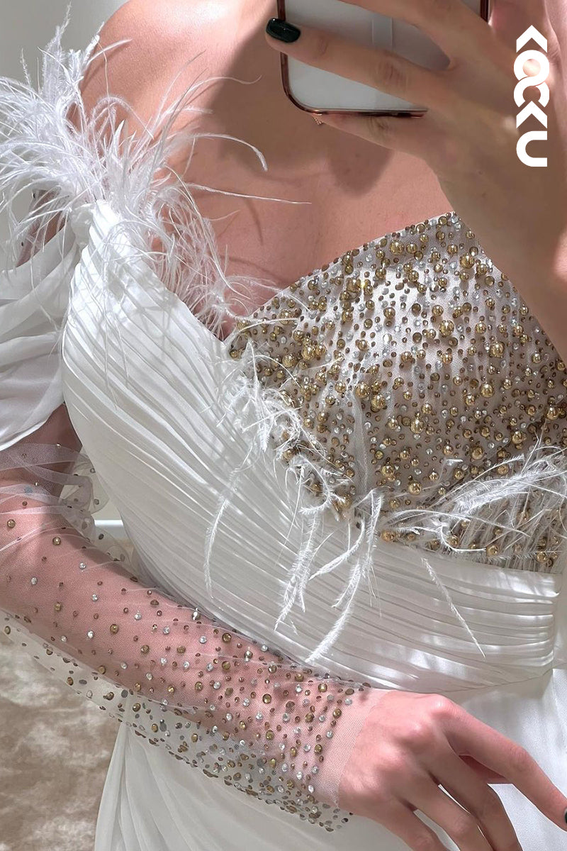 L1763 - Off-Shoulder Asymmetrical Long Sleeves Beaded Sheath Prom Evening Gown