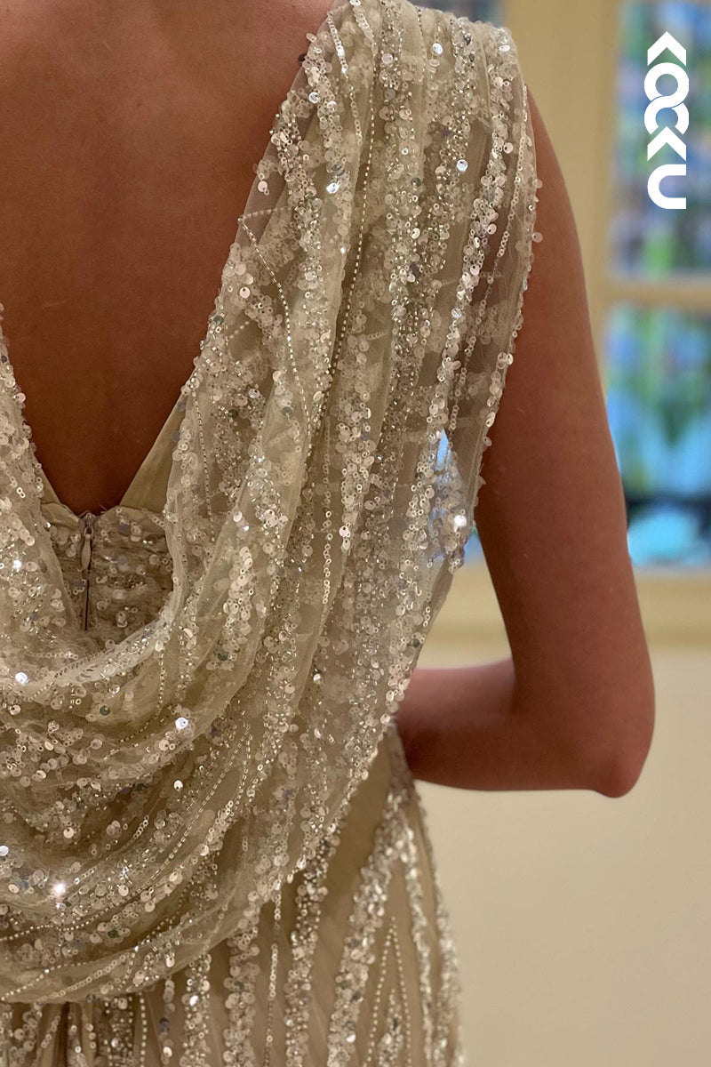 L1765 - V-Neck Sequined Beaded Ruched A-Line Long Prom Evening Gown