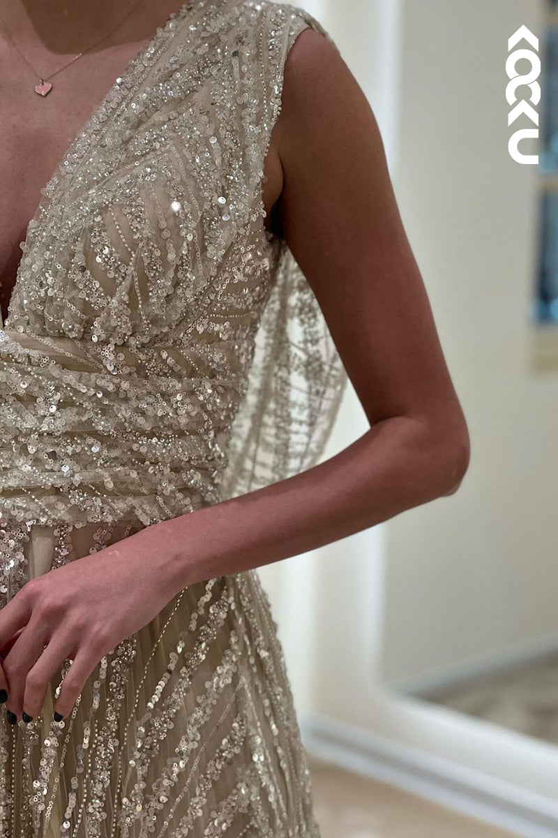 L1765 - V-Neck Sequined Beaded Ruched A-Line Long Prom Evening Gown