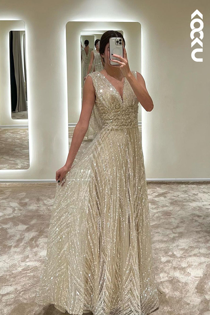 L1765 - V-Neck Sequined Beaded Ruched A-Line Long Prom Evening Gown