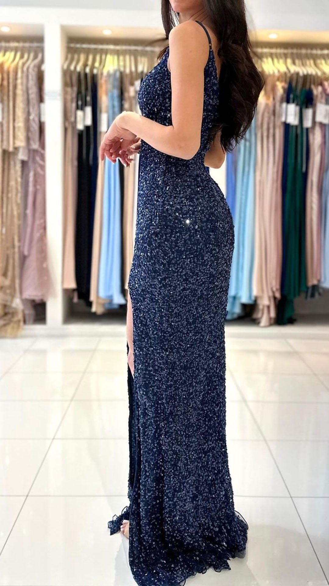 L1769 - V-Neck Spaghetti Straps Sequined Mermaid Long Prom Gown