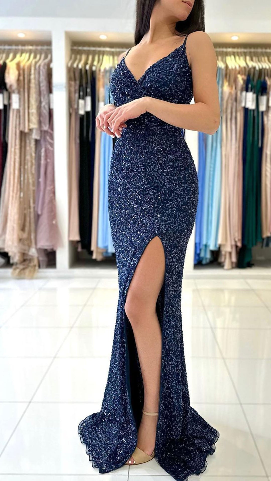 L1769 - V-Neck Spaghetti Straps Sequined Mermaid Long Prom Gown
