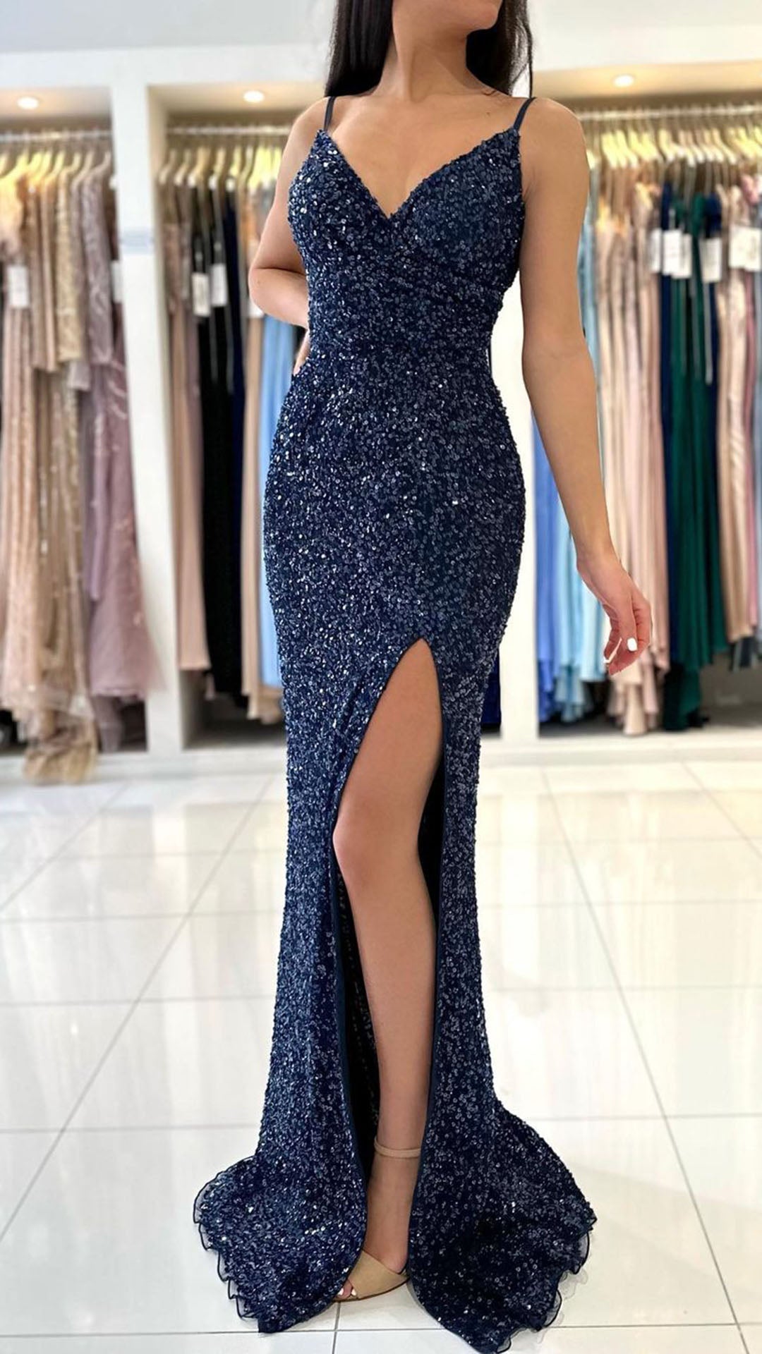 L1769 - V-Neck Spaghetti Straps Sequined Mermaid Long Prom Gown