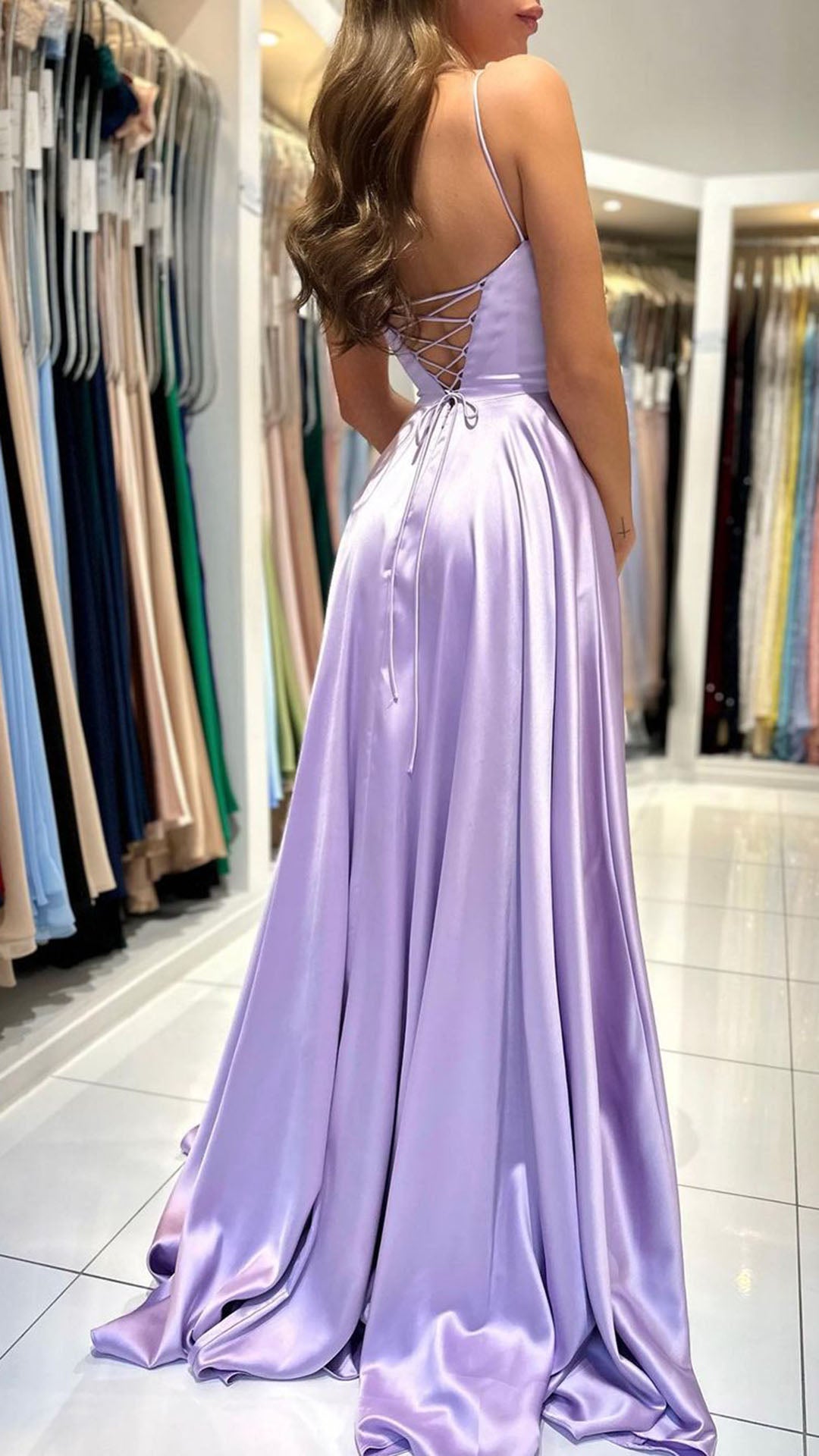 L1772 - Spaghetti Straps Satin A-Line Long Prom Evening Gown With Slit
