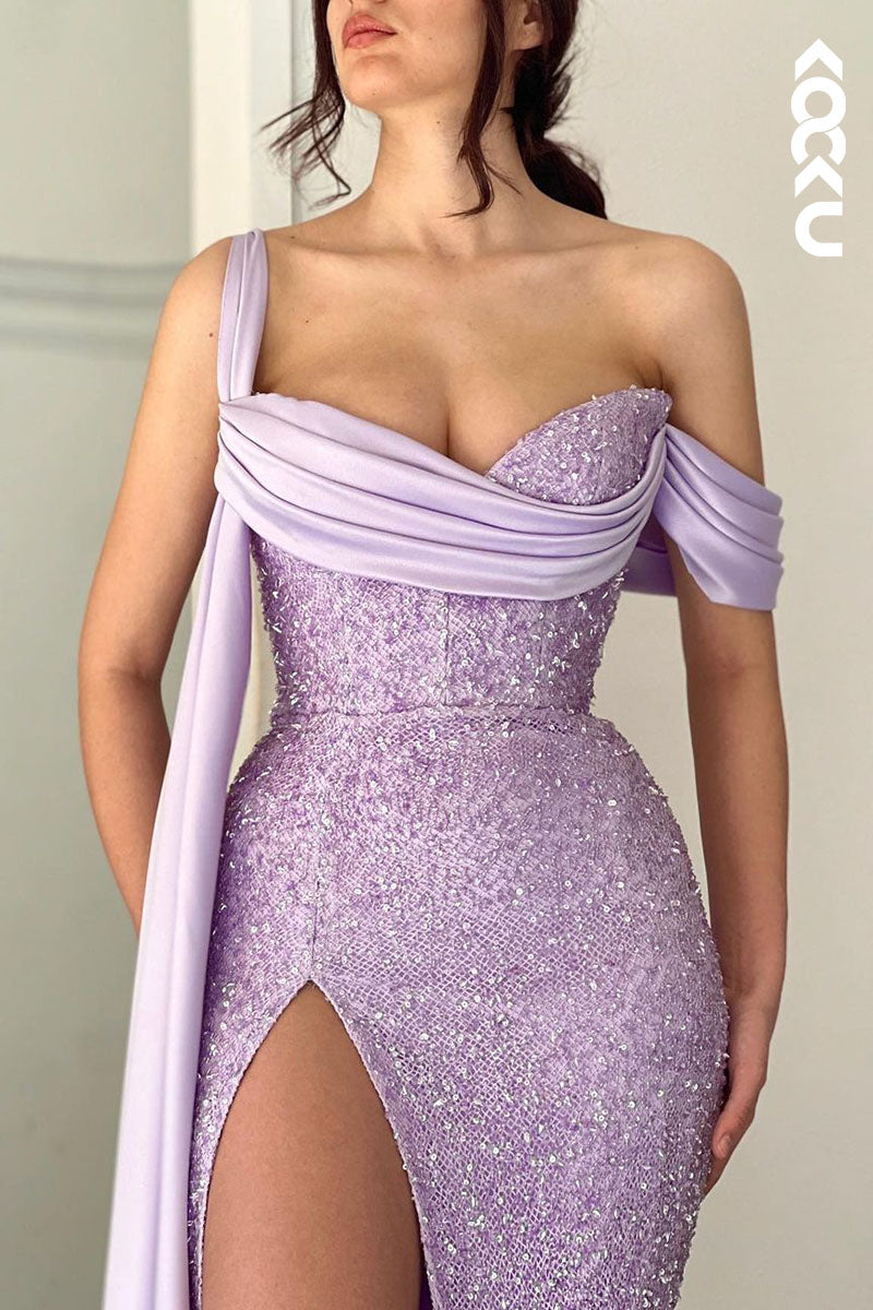 L1777 - One Shoulder Asymmetrical Ruched Sequined Sheath Long Prom Gown