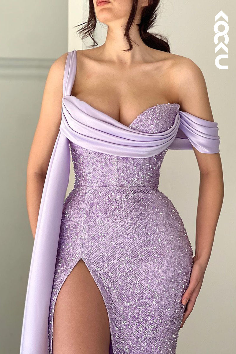 L1777 - One Shoulder Asymmetrical Ruched Sequined Sheath Long Prom Gown