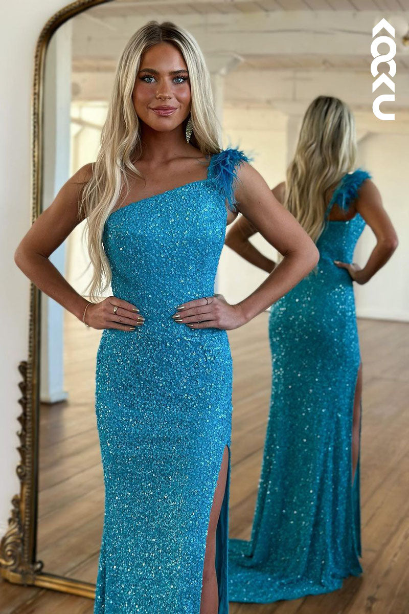 L1779 - One Shoulder Sequined Sheath Long Prom Gown With Slit