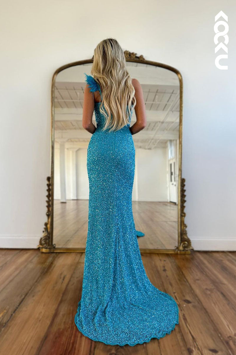 L1779 - One Shoulder Sequined Sheath Long Prom Gown With Slit