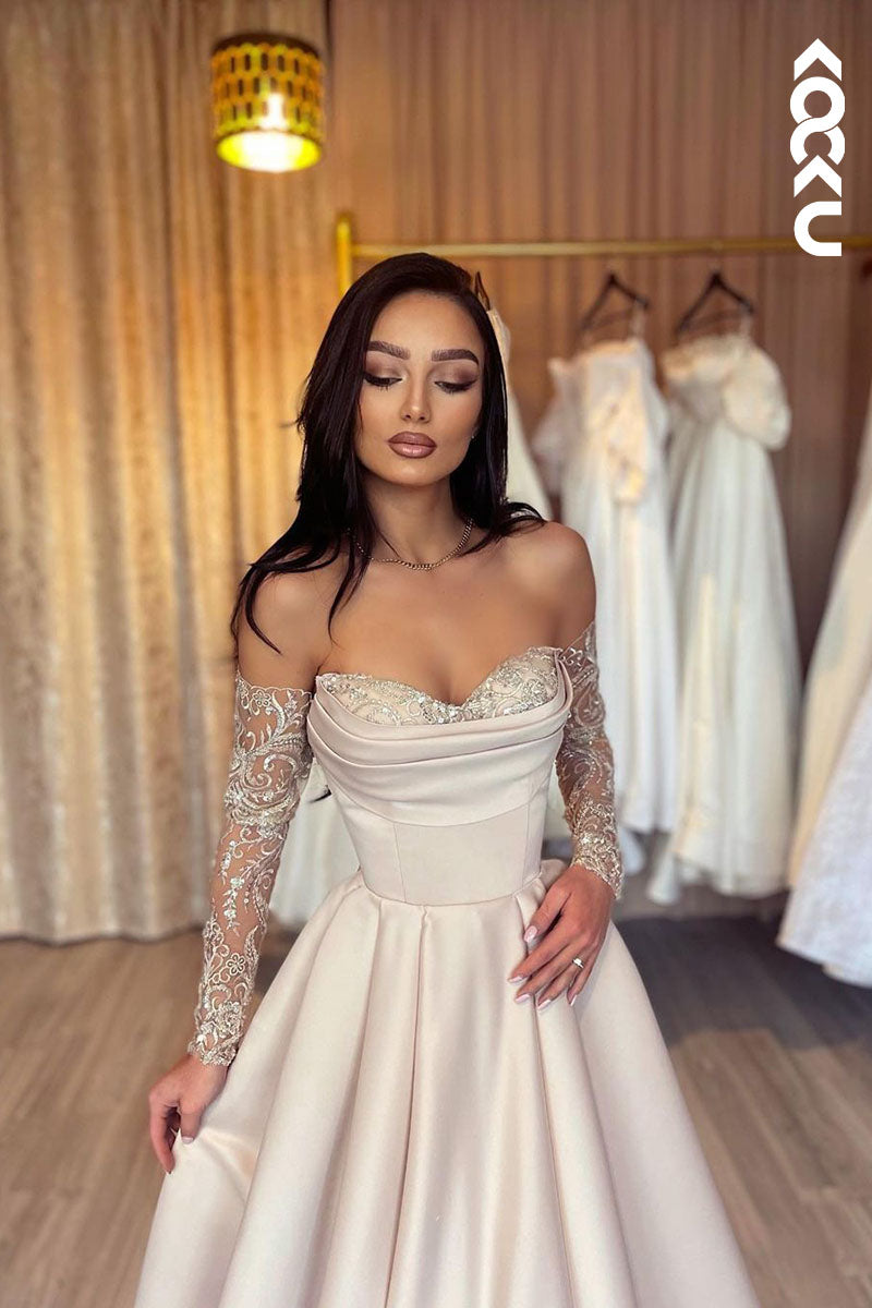 L1782 - Sweetheart Strapless Long Sleeves A-Line Long Prom Evening Gown