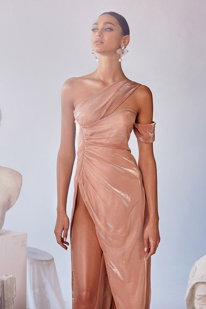 L1787 - One Shoulder Sleeveless Sparkly Ruched Sheath Long Prom Formal Gown