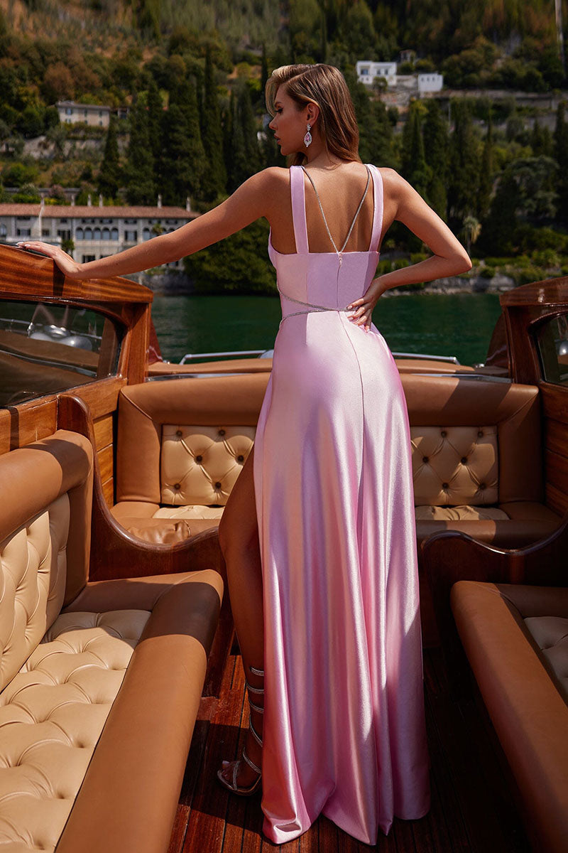 L1788 - Low V-Neck Satin Sheath Long Prom Formal Evening Gown With Slit