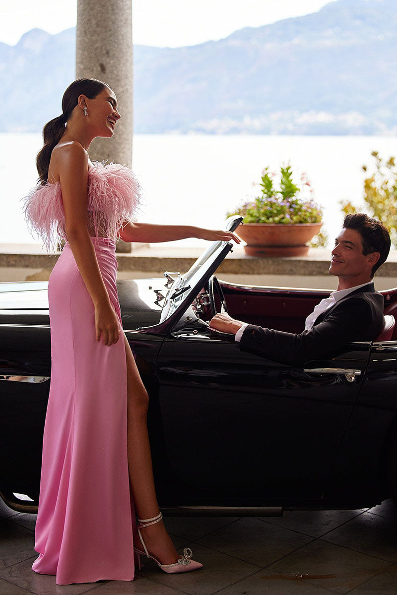 L1792 - Strapless Feather Sheer Ruched Sheath Long Prom Formal Gown