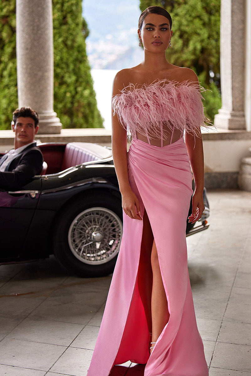 L1792 - Strapless Feather Sheer Ruched Sheath Long Prom Formal Gown