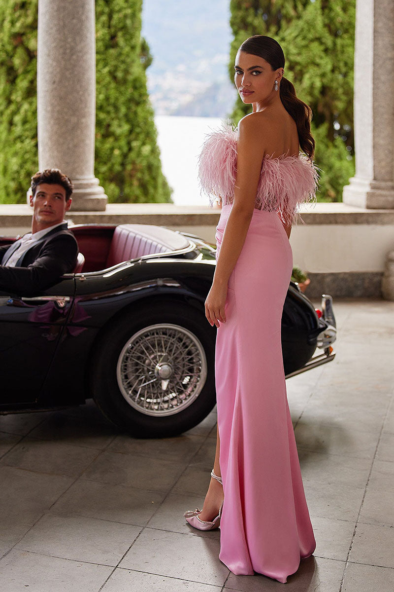 L1792 - Strapless Feather Sheer Ruched Sheath Long Prom Formal Gown